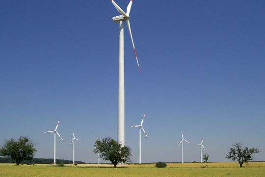 Blick auf mehrere Windkraftanlagen in grüner Landschaft