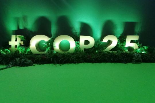 Große Buchstaben, grün angestrahlt: "#COP 25"