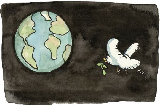 Tuschezeichnung einer Weltkugel im schwarzen Weltall, in deren Richtung fliegt eine Taube mit Ölzweig im Schnabel als Zeichen des Friedens.