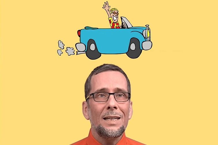 Aufmacherbild: Volker Quaschning, über ihm eine Zeichnung: Ein Mann im Freizeithemd und Sonnenbrille fährt mit einem Verbrenner-Auto vorbei uns winkt lachend.