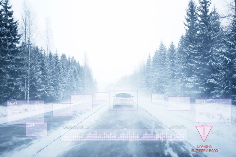 Winterliche Landstraße mit Schneeverwehungen auf einem Bildschirm, der ein vorausfahrendes Auto und mehrere Stellen an der Straße durch Rechtecke markiert und am Rand anzeigt: Rutschige Straße.