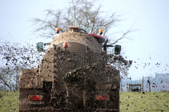 Gülle wird von einem Tankfahrzeug auf dem Acker verteilt.