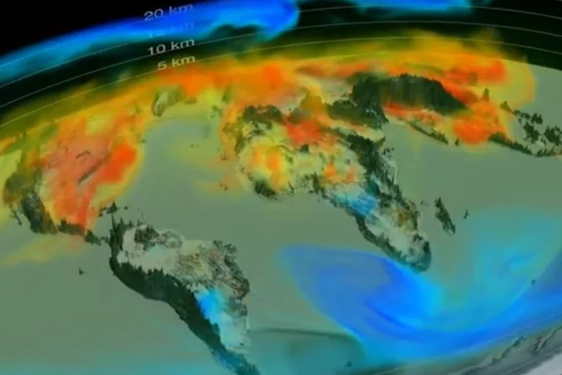 Hier ist eine 3-D-Visualiserung der Kohlendioxidströme in der Atmosphäre zu sehen