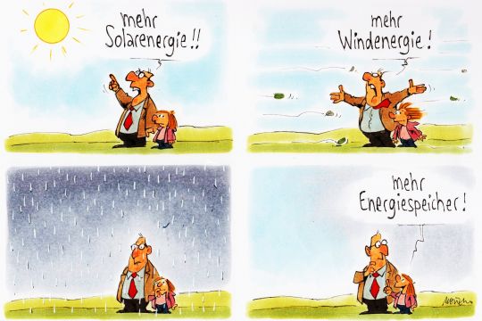 Karikatur: Mann ruft: Mehr Solarenergie! Mehr Windenergie! Da wird es dunkel und windstill. Kind ruft: Mehr Energiespeicher!