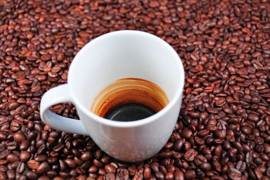 Eine leergetrunkene weiße Kaffeetasse steht auf einer Fläche voller gerösteter Kaffeebohnen.
