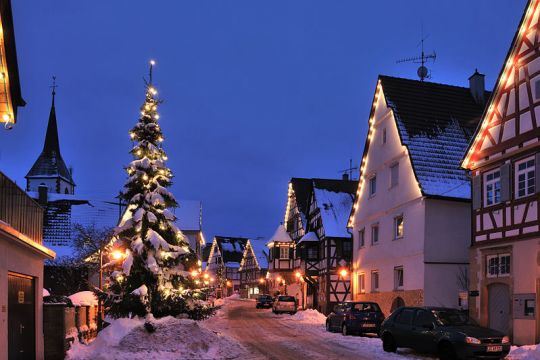 Weihnachtlich beleuchtete Fachwerkhäuser und Tanne in einer stillen kleinen Straße.