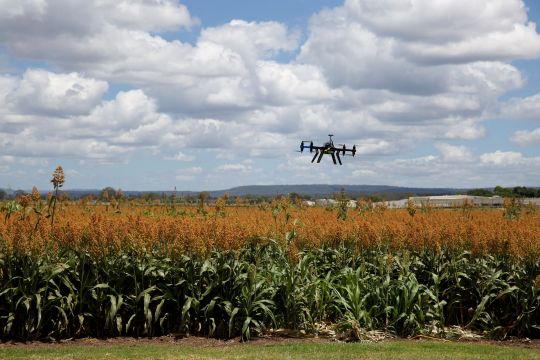 Drohne über einem Acker als Symbol für Präzisionslandwirtschaft