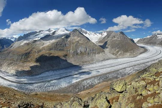 Der Aletsch-Gletscher bewegt sich wie eine breite Straße um einen kahlen Gipfel in den Schweizer Alpen herum.