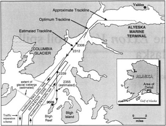 Karte zum Hergang des Exxon-Valdez-Unglücks am 24. März 1989.