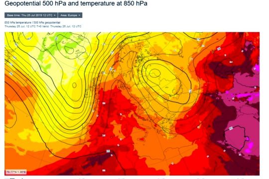 Wärmebild-Darstellung der Hitze in Europa Ende Juli 2019