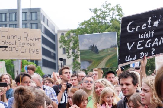 Viele Menschen auf einer Demonstration. Es werden Schilder gehalten. Auf einem steht: "Greta is(s)t vegan und du?"