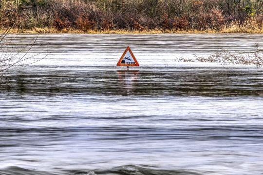 Ein Gewässer-Warnschild steht im Rhein-Hochwasser.