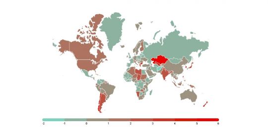 Graphische Darstellung der Verluste an Wirtschaftskraft weltweit bei moderatem Klimawandel