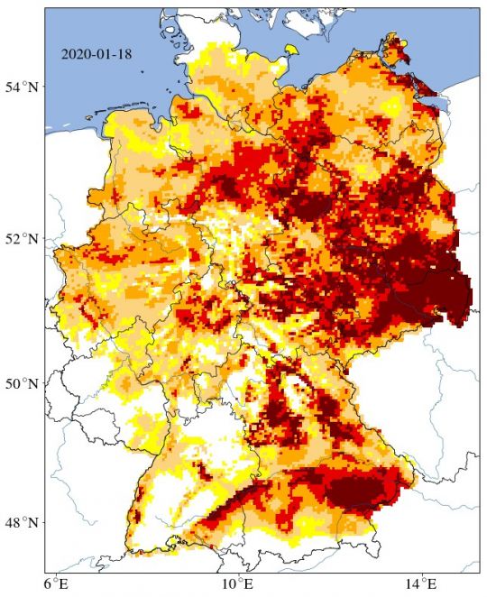 Graphik zur Trockenheit des Bodens in Deutschland, vor allem im Osten zeigt die Karte tiefrot