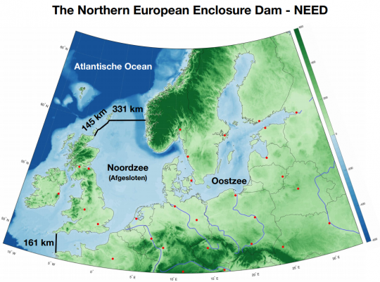 Karte der Nordsee mit zwei schwarzen Strichen ganz im Westen zwischen England und Frankreich sowie zwischen Schottland und Norwegen über die Shetlandinseln.