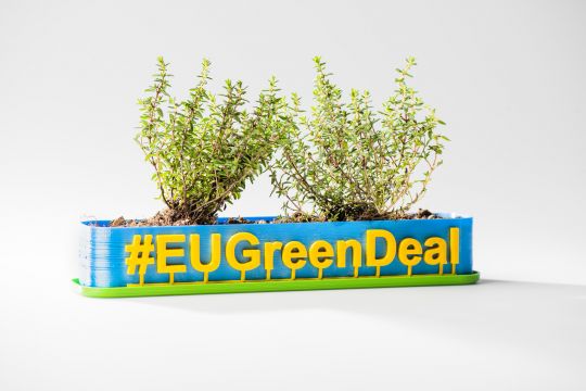 Blumenkasten mit zwei grünen strauchigen Pflanzen und der Aufschrift "EU Green Deal" als Hashtag.