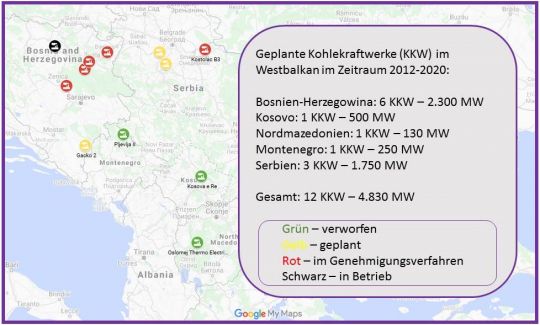 Karte: Geplante Kohlekraftwerke in Ländern des Westbalkans im Zeitraum von 2012 bis 2020.