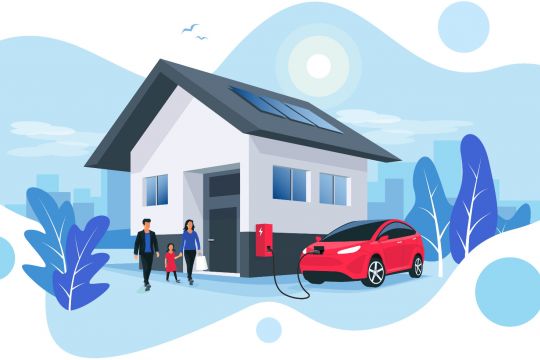 Zeichnung in Blautönen: Einfamilienhaus mit Solardach, Stromspeicher, Wallbox und Elektroauto.