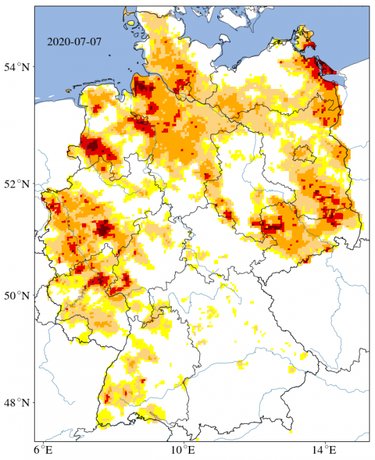 Deutschlandkarte: In einigen Regionen vor allem recht weit im Westen und Osten ist der Oberboden trocken.