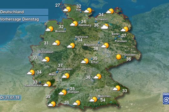 Hier ist die Wettervorhersage des Deutschen Wetterdienstes für den 31. Juli zu sehen, mit Rekordtemperaturen im ganzen Bundesgebiet