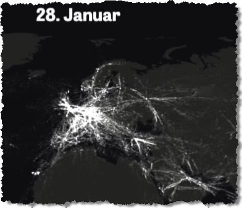 Satellitenbild bei Nacht: Viele Flugbewegungen über Europa am 28. Januar 2020.