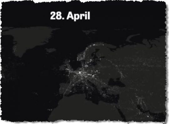 Satellitenbild bei Nacht: Wenige Flugbewegungen über Europa am 28. April 2020.