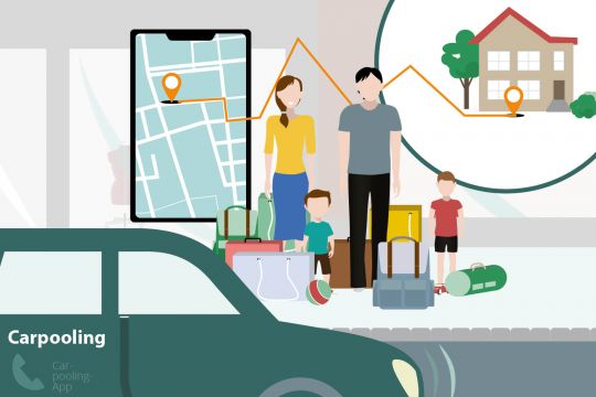 Eine Familie steht am Straßenrand und ruft per Carpooling-App ein Auto.