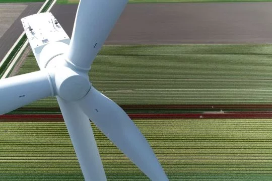 Luftaufnahme einer Windkraftanlage, die auf einem Tulpenfeld steht.