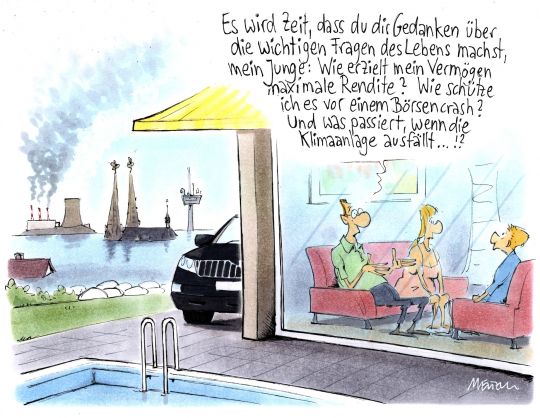 Karikatur: Die Eltern erklären dem Sohn, wie er das Vermögen vermehren soll, während vor der Tür das Klima kollabiert.