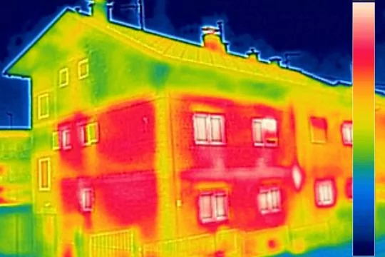 Thermografie-Aufnahme eines zweistöckigen Hauses, die Rotfärbung der Wände zeigt, dass dort beheizte Räume ohne Wärmedämmung sind.
