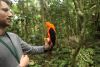 Benjamin Freemann steht im Wald und hält einen Andenfelsenhahn in der Hand.