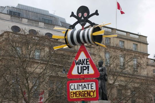 Demo-Schild mit der Aufschrift "Wake up! Climate Emergency!" und Totenkopf 