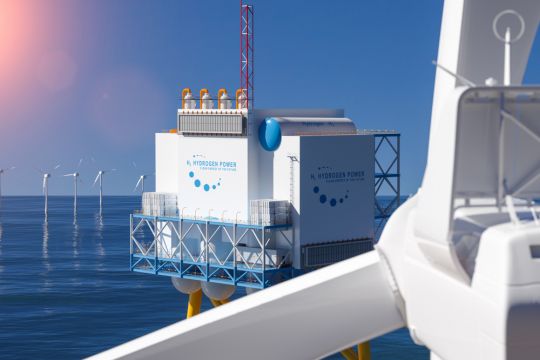 Bildmontage: Wasserstoff-Produktionsanlage auf Stelzen im Meer, rundherum Windkraftanlagen.