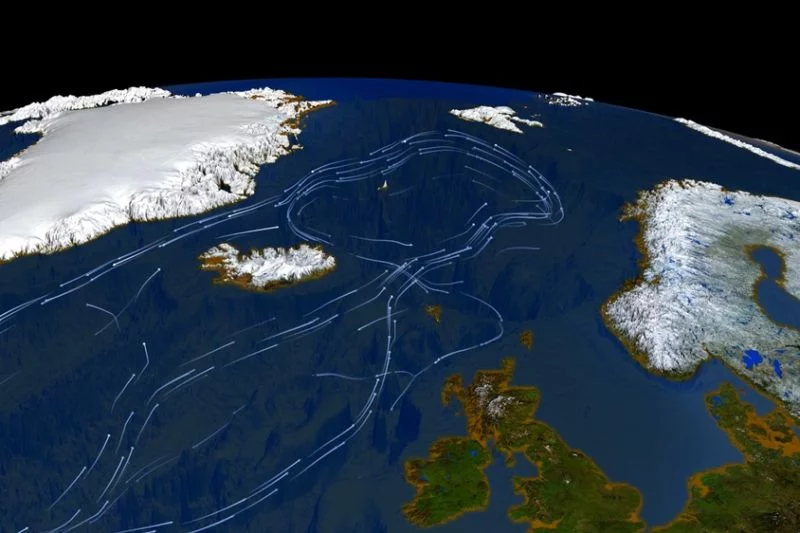 Visualisierung der warmen Meeresströmungen im Nordatlantik auf Basis einer Nasa-Weltraumaufnahme.