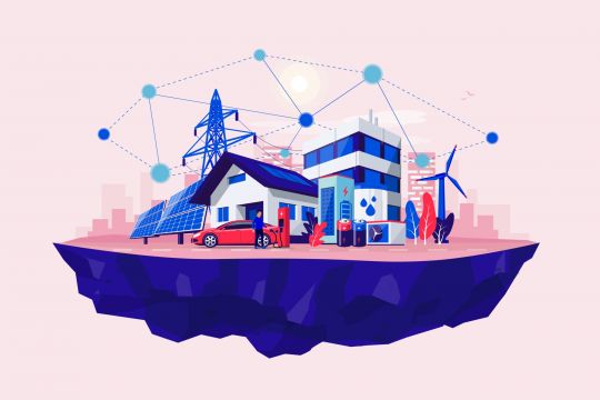 Eigenheim mit E-Auto, eigener Ladesäule, Speicher und Erneuerbaren-Anlagen und einem Smart Grid auf einer Insel, die frei im Raum schwebt.