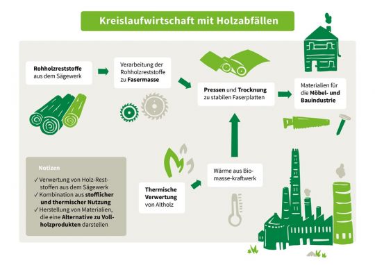 Grafik: Kreislaufwirtschaft mit Holzabfällen - vom Rohholz zur Faserplatte in der Industrie.
