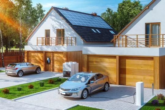 Zwei neue Einfamilienhäuser mit Solardach und je zwei Garagen, davor steht jeweils ein Elektroauto, das gerade aufgeladen wird. 