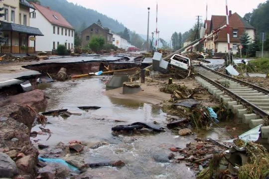 Durch Unterspülung zerstörte Asphaltstraße und Bahnstrecke in Schlottwitz bei Glashütte.