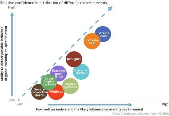 X-Y-Diagramm: Kälte- und Hitzewellen sind in den Klima- und speziell den Attributionswissenschaften am besten erforscht, Stürme am schlechtesten, dazwischen rangieren Dürren und Starkregen.