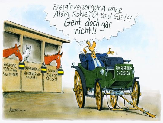 Die Energiewende-Kutsche kann nicht fahren, weil die Pferde Solar-Einspeisevergütung, Windkraft-Baugenehmigung und Speicher-Neubau weggeschlossen sind, aber der Kutscher sagt: Energieversorgung ohne Atom, Kohle, Öl und Gas? Geht doch gar nicht!