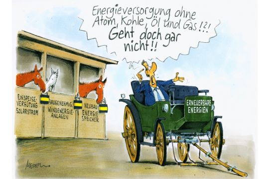 Die Energiewende-Kutsche kann nicht fahren, weil die Pferde Solar-Einspeisevergütung, Windkraft-Baugenehmigung und Speicher-Neubau weggeschlossen sind, aber der Kutscher sagt: Energieversorgung ohne Atom, Kohle, Öl und Gas? Geht doch gar nicht!