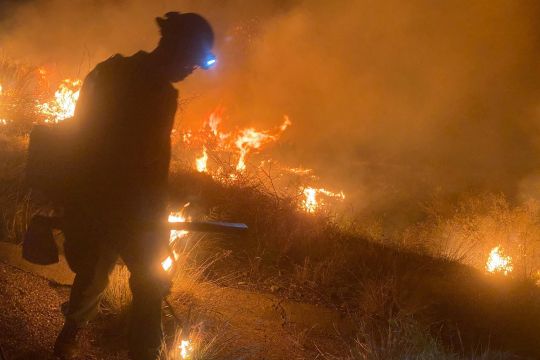 Ein Feuerwehrmann vor brennender Landschaft.
