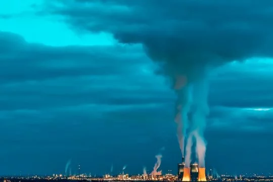 Industrielandschaft am Horizont mit qualmenden Schloten vor dunkelblau bewölktem Himmel.