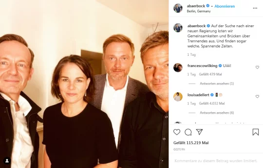 Screenshot eines Instagram-Sefies, das die Spitzen von FDP und Grünen zeigt: Volker Wissing, Annalena Baerbock, Christian Lindner und Robert Habeck.