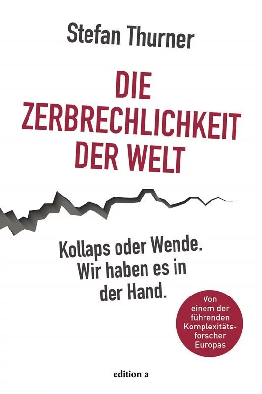 Weißes Buchcover mit einem grauen Riss sowie weinroter und schwarzer Schrift: Die Zerbrechlichkeit der Welt. Kollaps oder Wende - Wir haben es in der Hand.