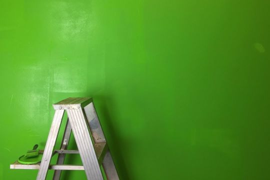 Blattgrün gestrichene Wand, vor der eine Aluminiumleiter aufgestellt ist, auf der Leiter-Ablage liegt der offenbar verwendete Pinsel.