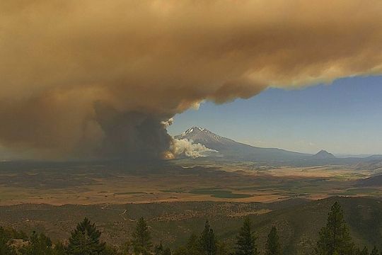 Gigantische Aschewolke vor trockennem Flachland, im Hintergrund Berge.