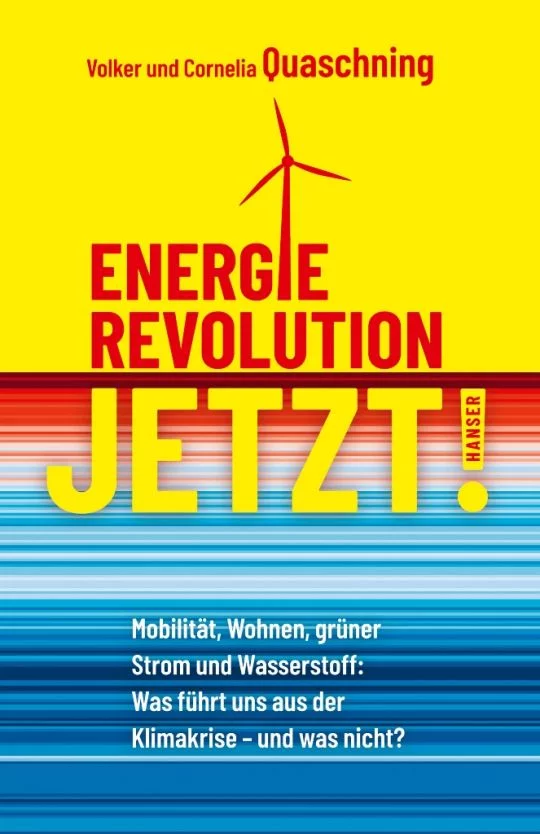 Blau-rot-gelbes Buchcover mit sogenannten Klimastreifen, einem Windrad und dem Buchtitel: Energierevolution jetzt!