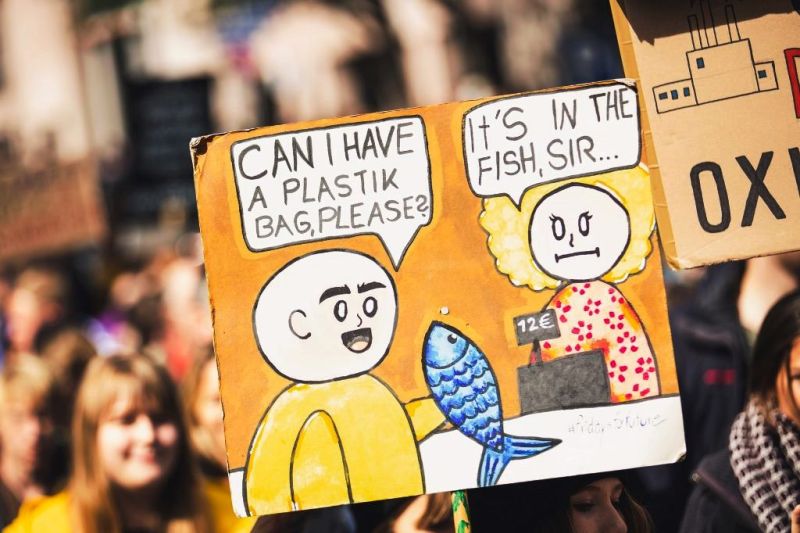 Karikatur auf einem Demo-Schild: Beim Fischkauf: Ich hätte gerne eine Plastiktüte. - Die ist im Fisch, mein Herr.
