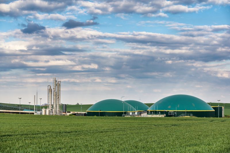 Drei Bioenergieanlagen mit flachen, flaschengrünen Kuppeln, daneben eine Biomethan-Anlage mit einer hoch aufragenden Metallkonstruktion.